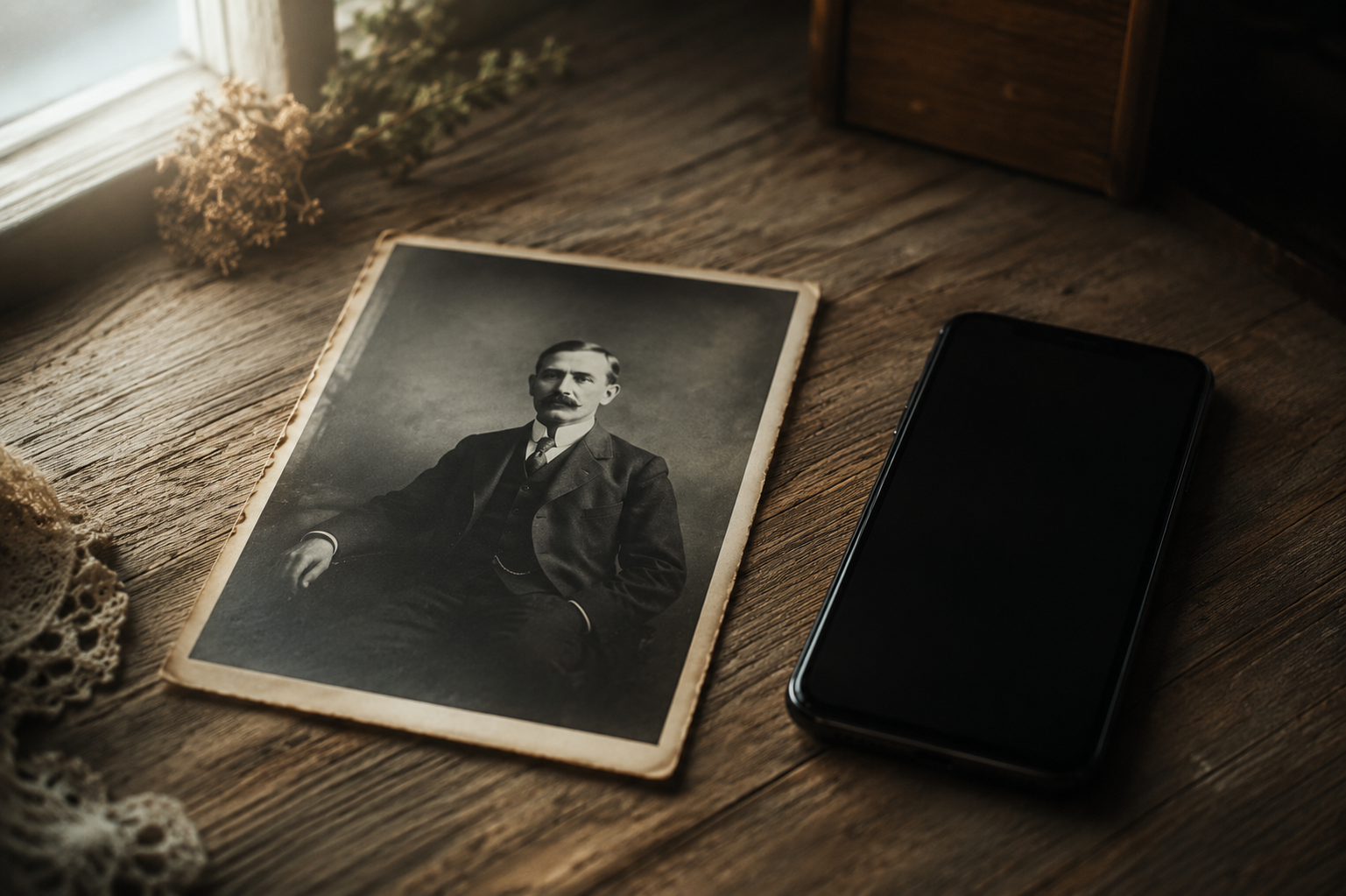 Fotografia antiga de família ao lado de um celular moderno