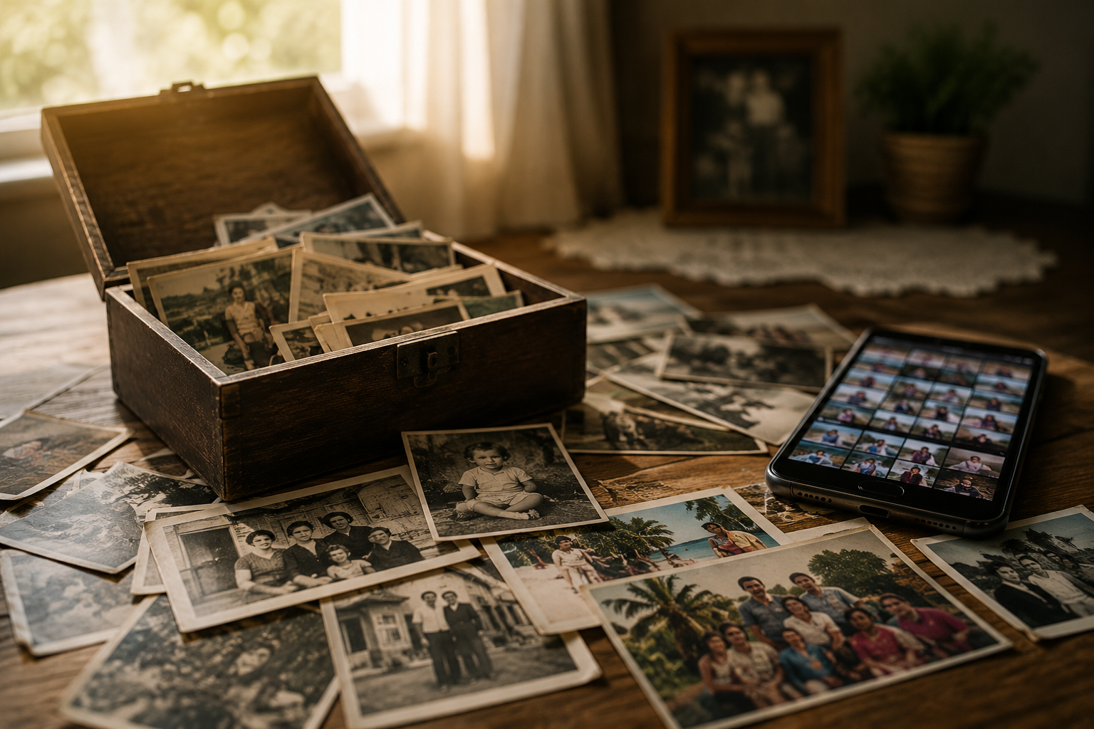 Fotografias antigas espalhadas sobre uma mesa