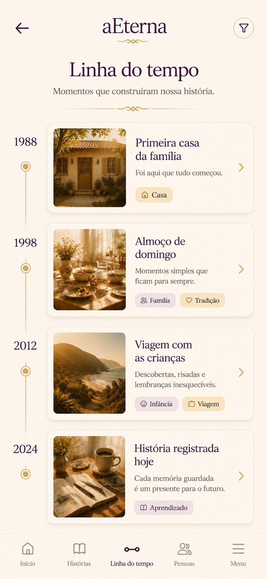 Tela de Linha do Tempo da aEterna